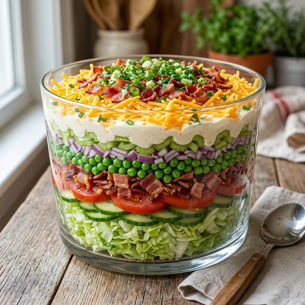 Colorful 7 Layer Salad in a glass bowl, showcasing vibrant ingredients.