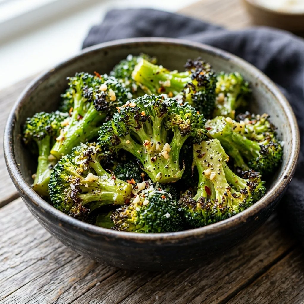 Crispy and flavorful air fryer broccoli served on a plate