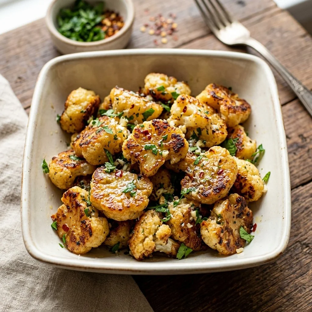 Crispy air fryer cauliflower gnocchi served with a fresh sauce and herbs.