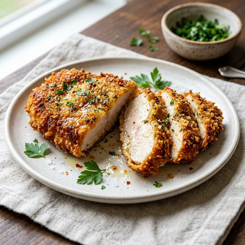 Golden brown air fryer chicken cutlets on a plate garnished with herbs