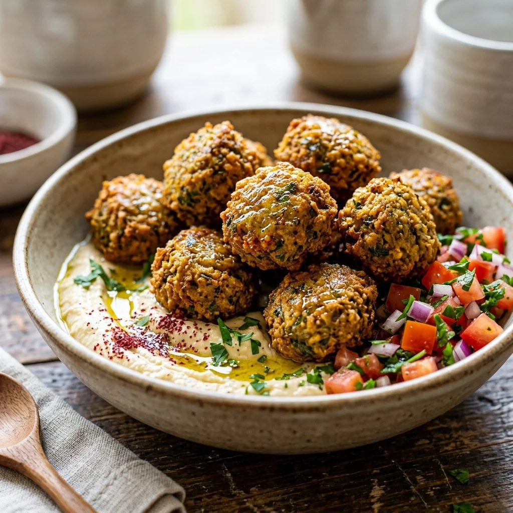 Plate of crispy air fryer falafel with greens and sauce