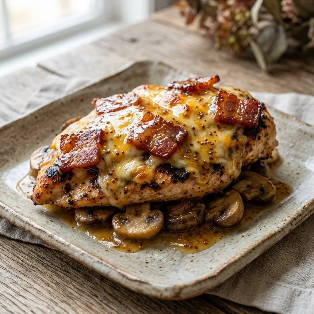 Plate of Alice Springs Chicken garnished with honey mustard and vegetables