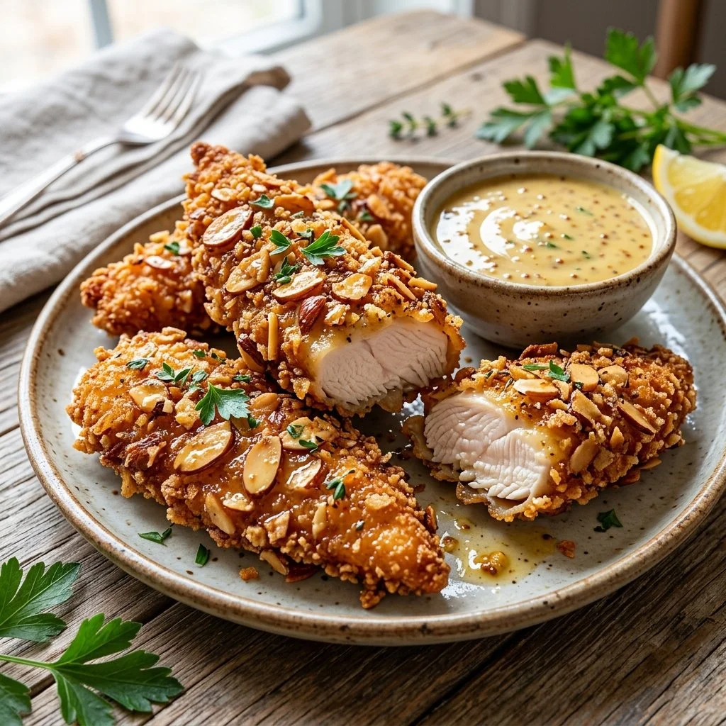 Almond Crusted Chicken Tenders served with a side of fresh vegetables