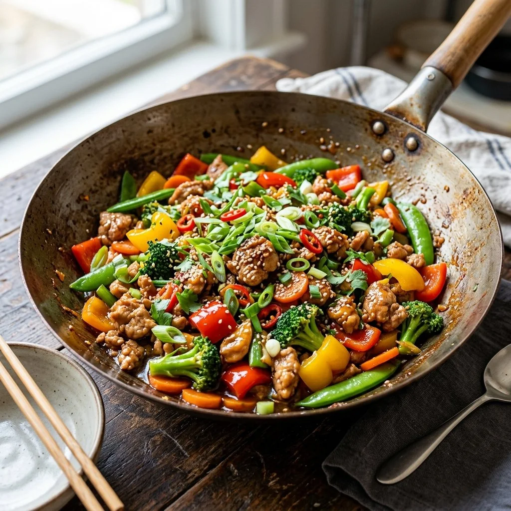Colorful Asian Turkey Stir Fry with vegetables in a skillet
