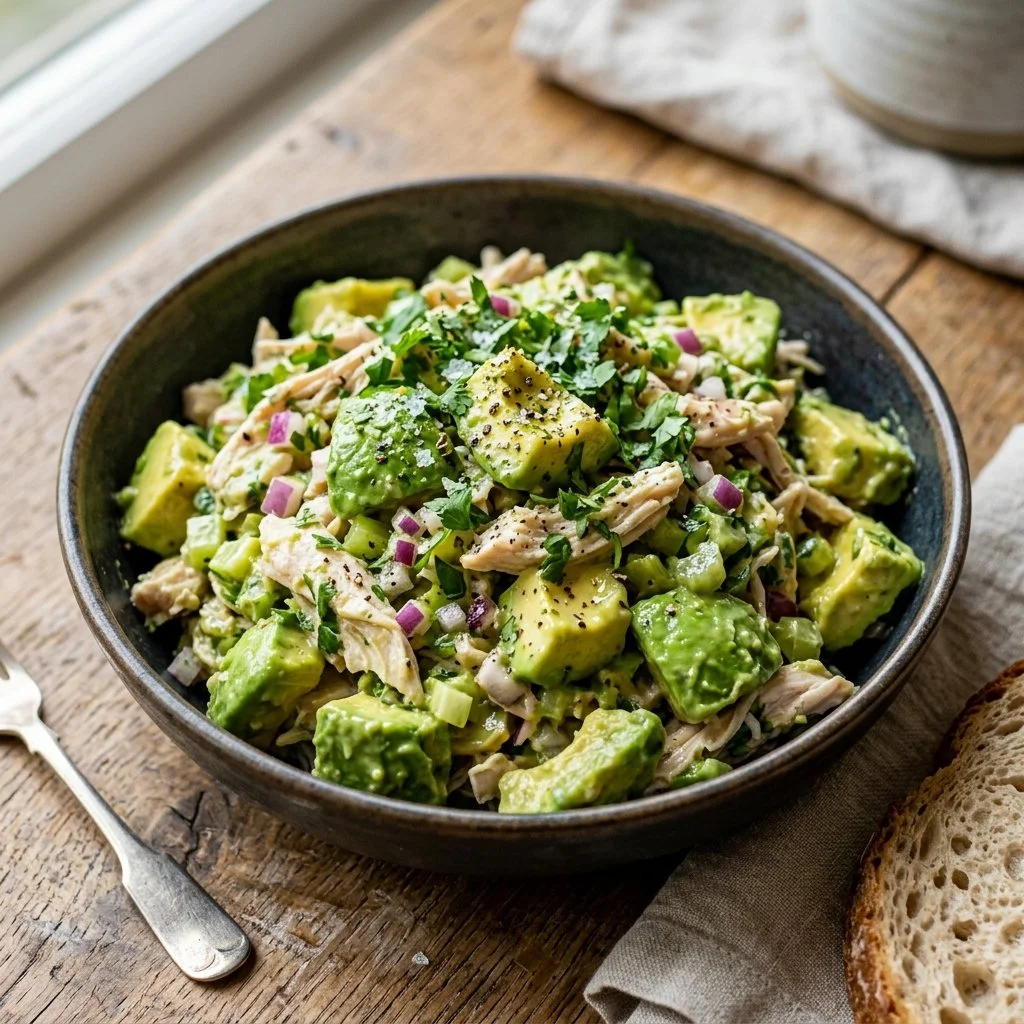 Delicious avocado chicken salad garnished with fresh herbs
