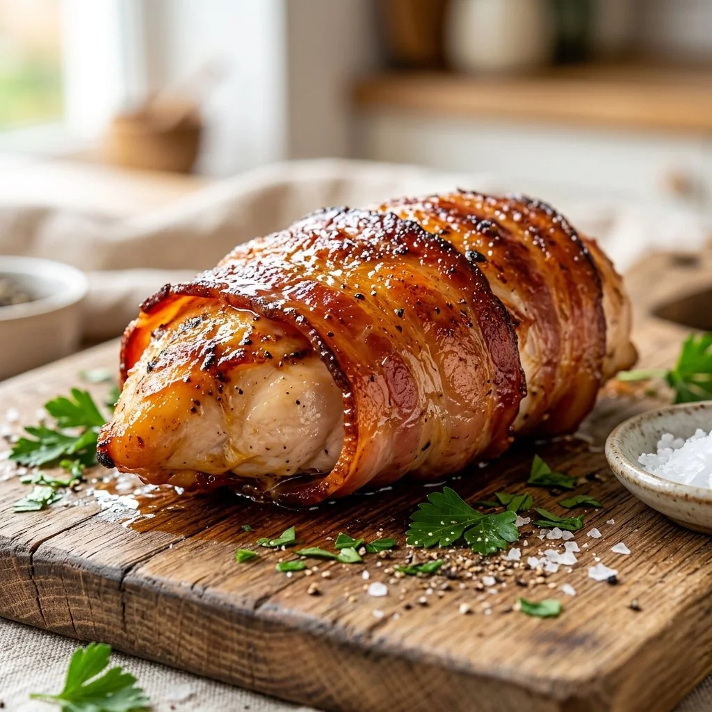 Delicious bacon wrapped chicken on a plate garnished with herbs