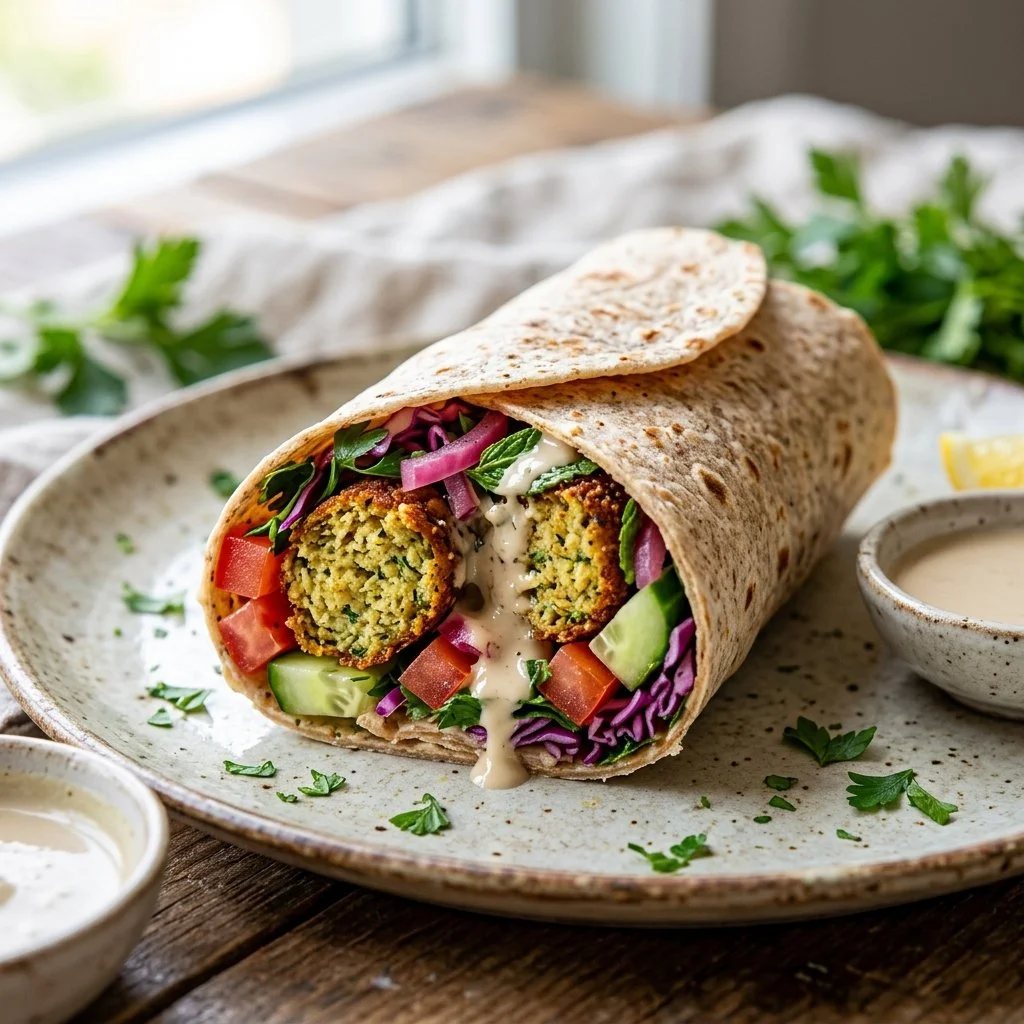 Baked falafel wraps filled with fresh vegetables and sauces