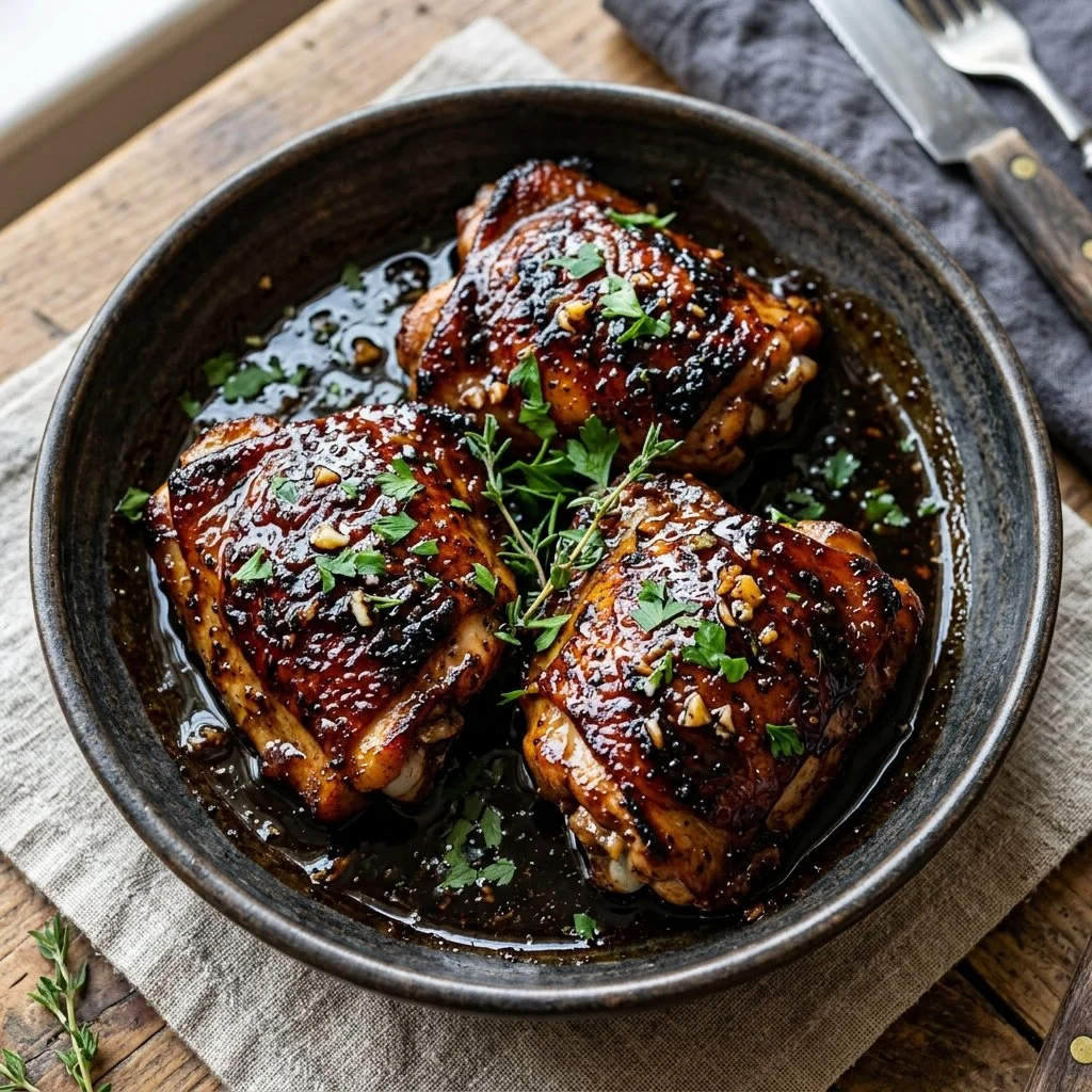 Balsamic Chicken Thighs dish garnished with herbs and served on a plate