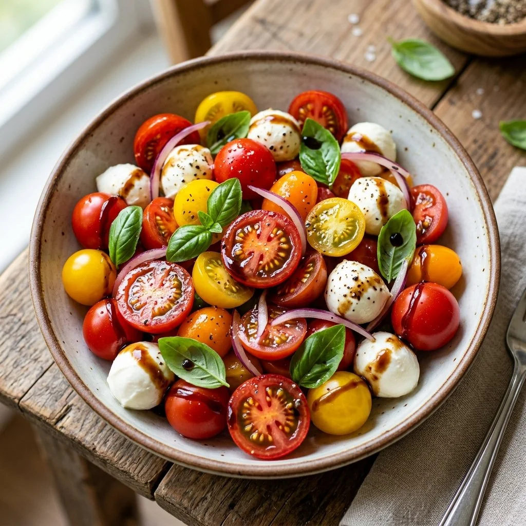Fresh balsamic tomato salad with basil and mozzarella