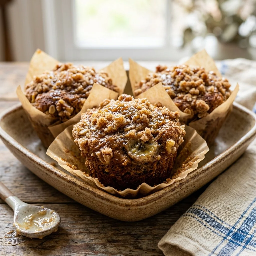 Freshly baked banana crumb muffins with a golden top