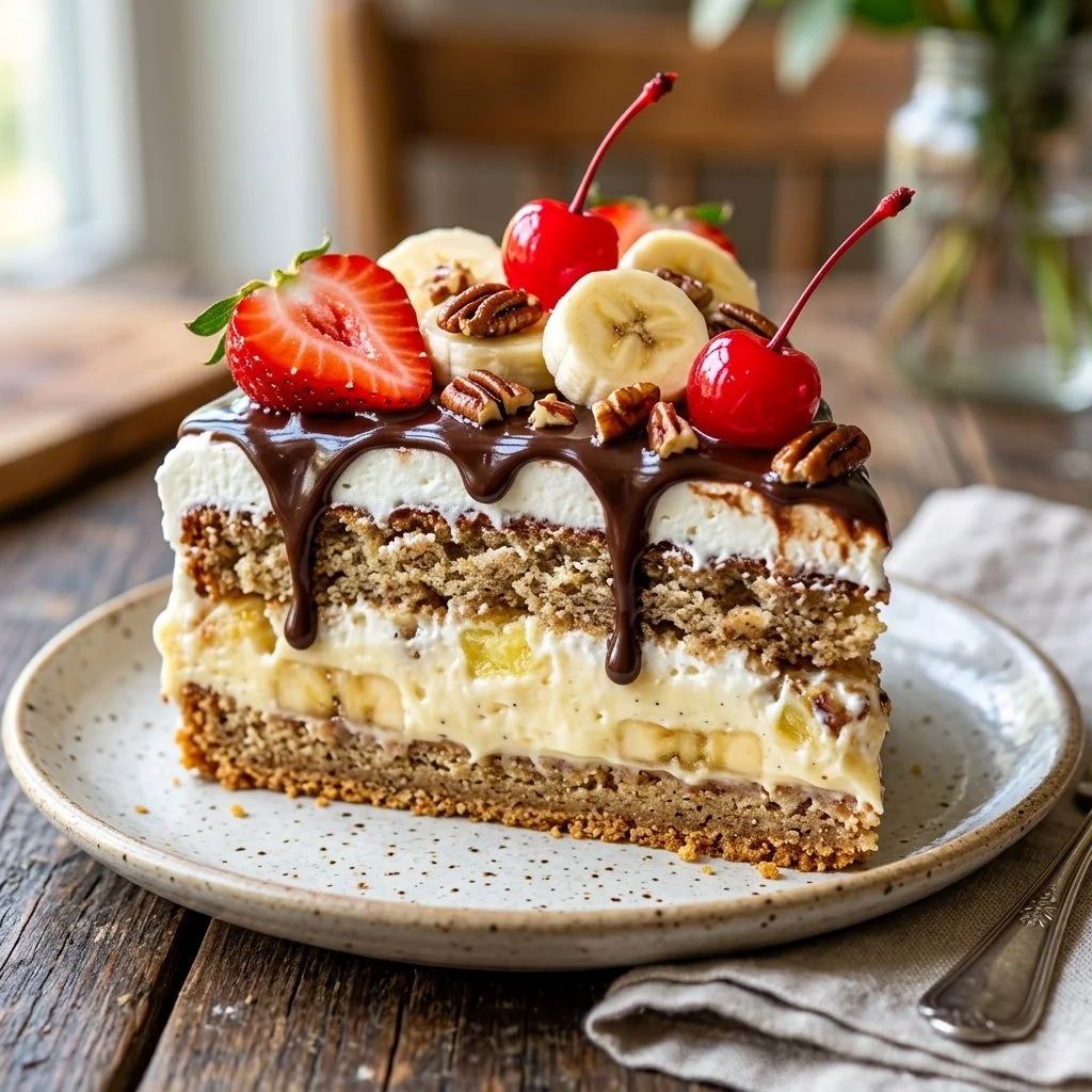 Delicious slice of Banana Split Cake topped with whipped cream and cherries
