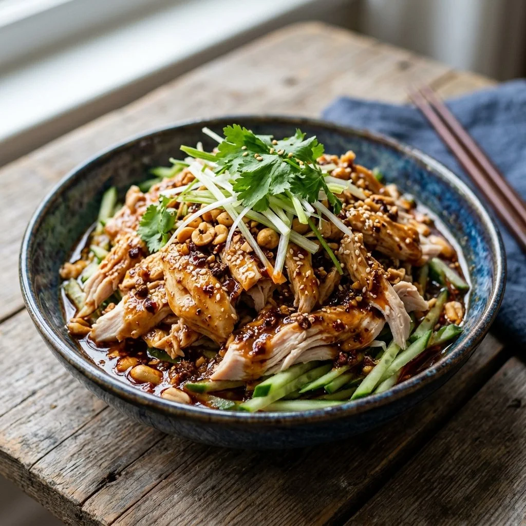 Plate of Bang Bang Chicken garnished with green onions and sesame seeds
