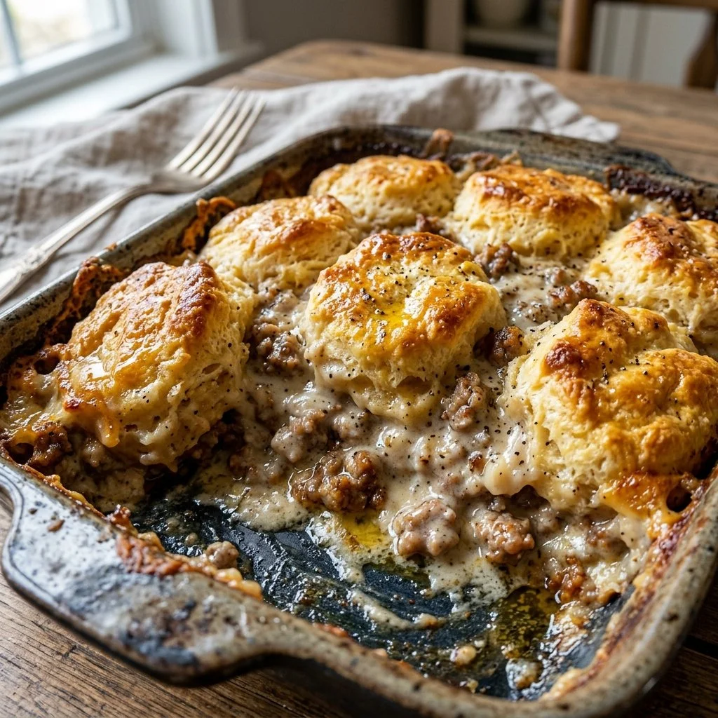 Biscuits and Gravy Casserole served on a plate with gravy drizzle