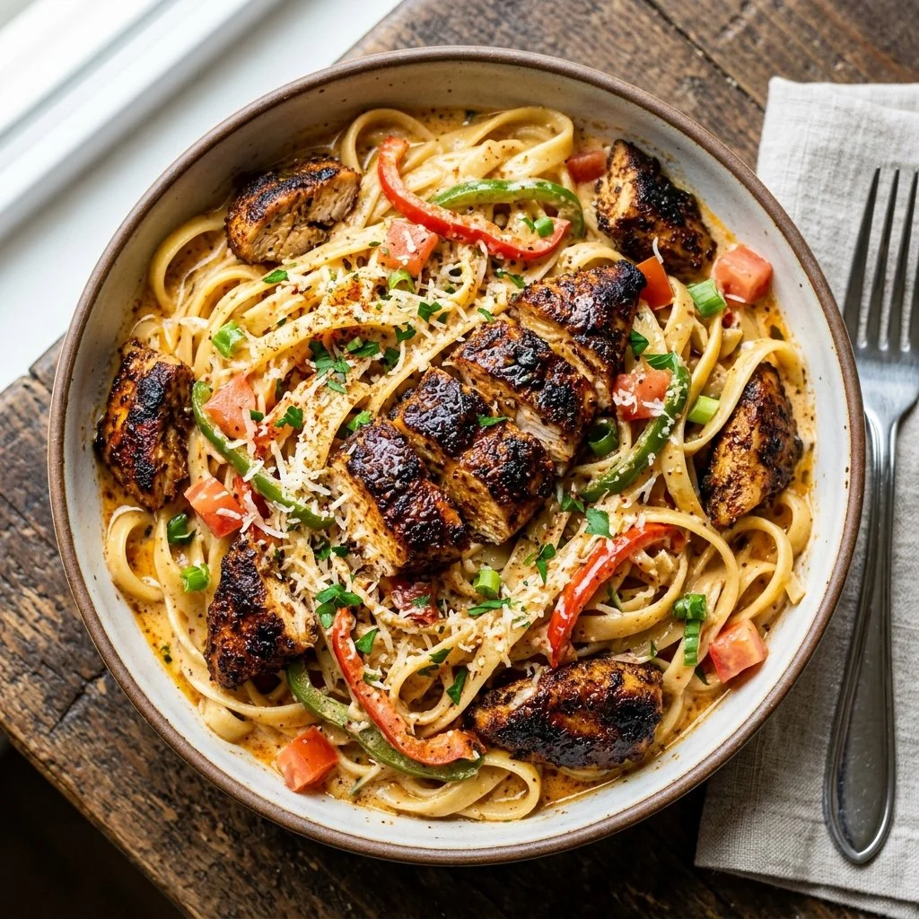 Plate of blackened chicken pasta with herbs and spices
