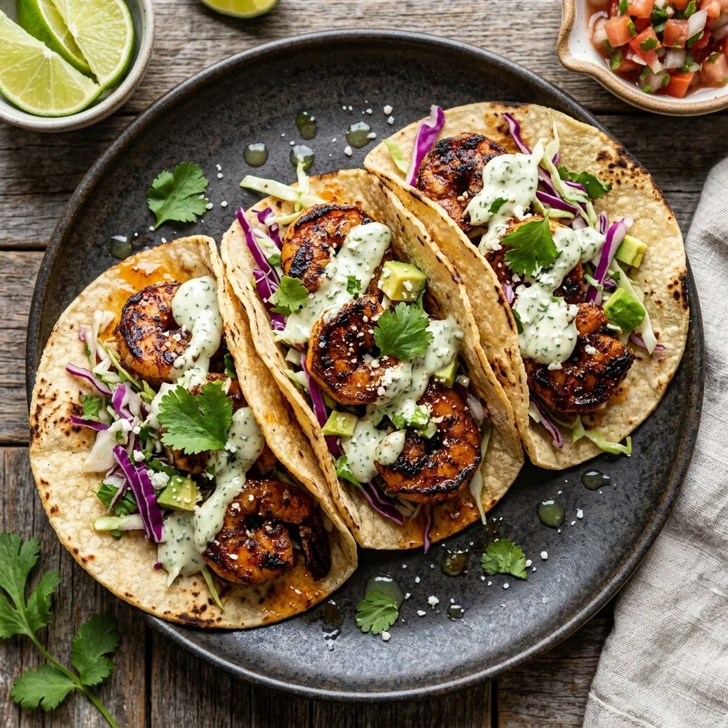 Delicious blackened shrimp tacos topped with fresh ingredients and vibrant flavors.