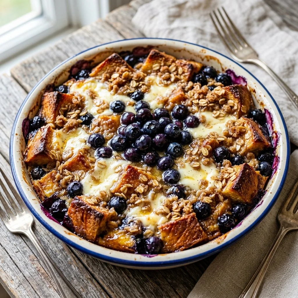 Blueberry Cream Cheese French Toast Bake ready to be served