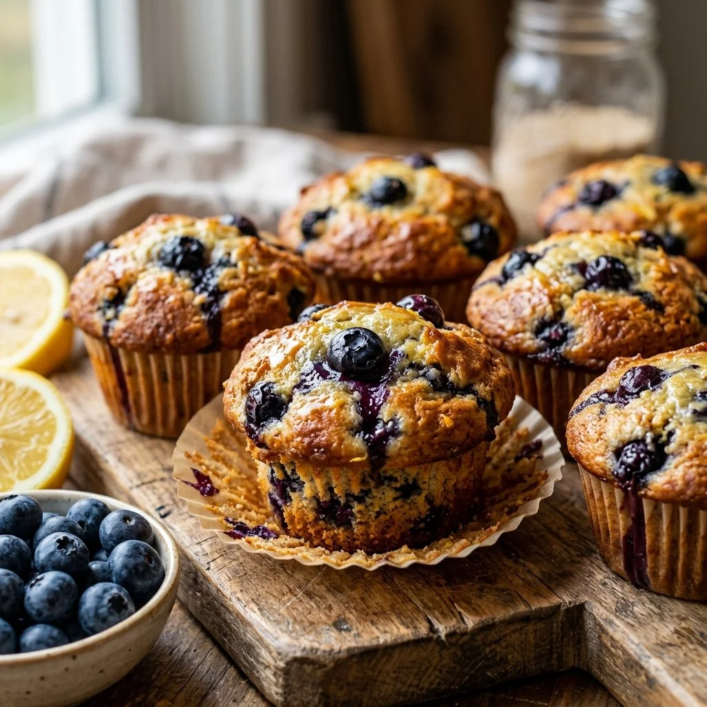 Delicious blueberry lemon muffins fresh out of the oven