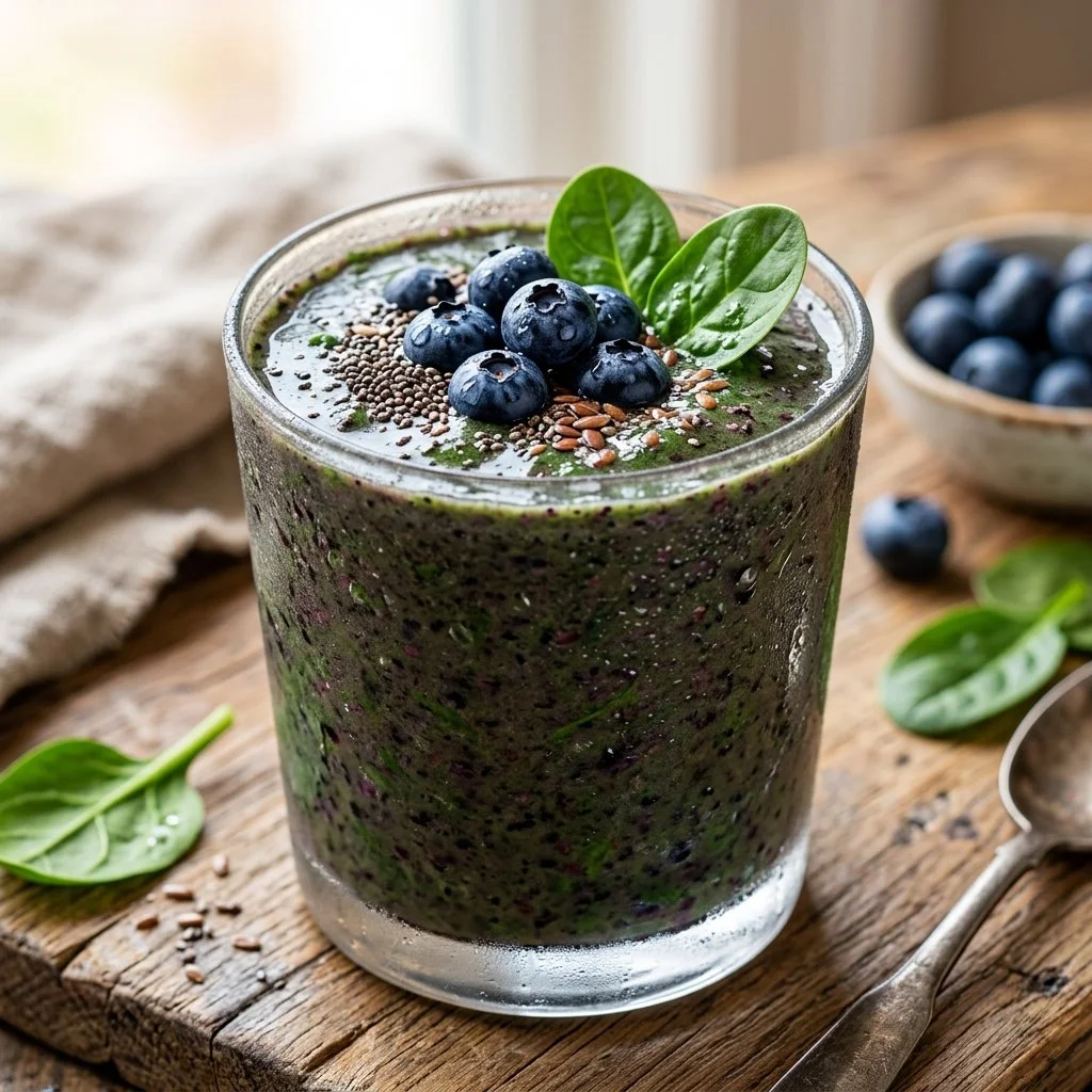 Blueberry spinach smoothie in a glass garnished with fresh blueberries.
