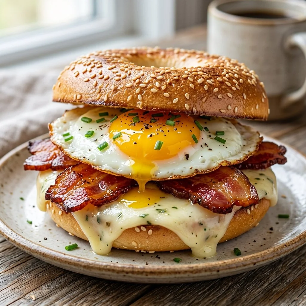 Delicious breakfast bagel sandwich with eggs, cheese, and toppings.