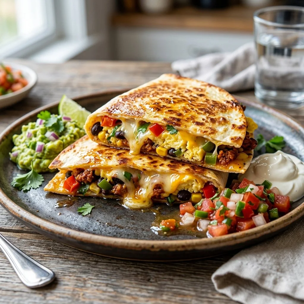 Delicious breakfast quesadilla with eggs, cheese, and toppings on a plate.