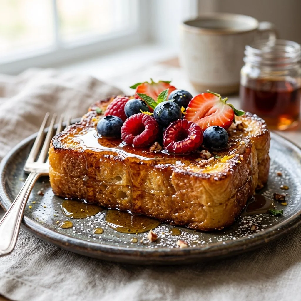 Delicious brioche French toast topped with syrup and fresh berries