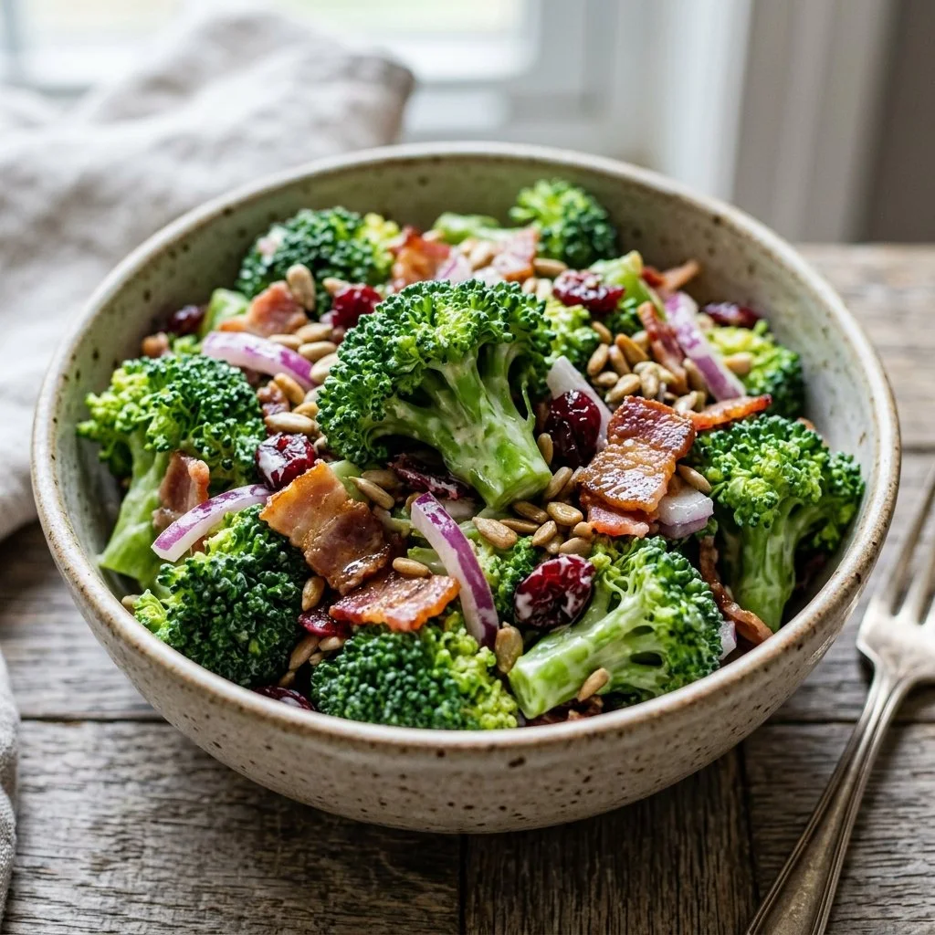 Colorful broccoli salad with nuts and dressing in a bowl