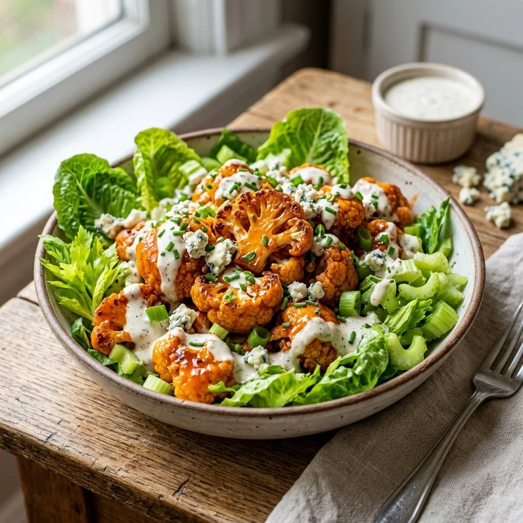 Buffalo Cauliflower Salad with fresh greens and spicy sauce