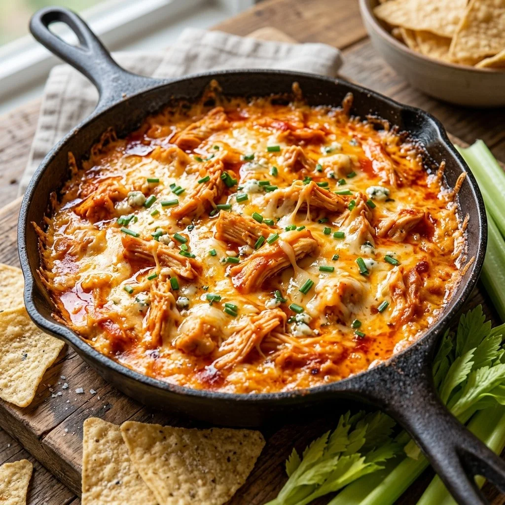 Deliciously creamy Buffalo Chicken Dip served in a bowl for game day snacks