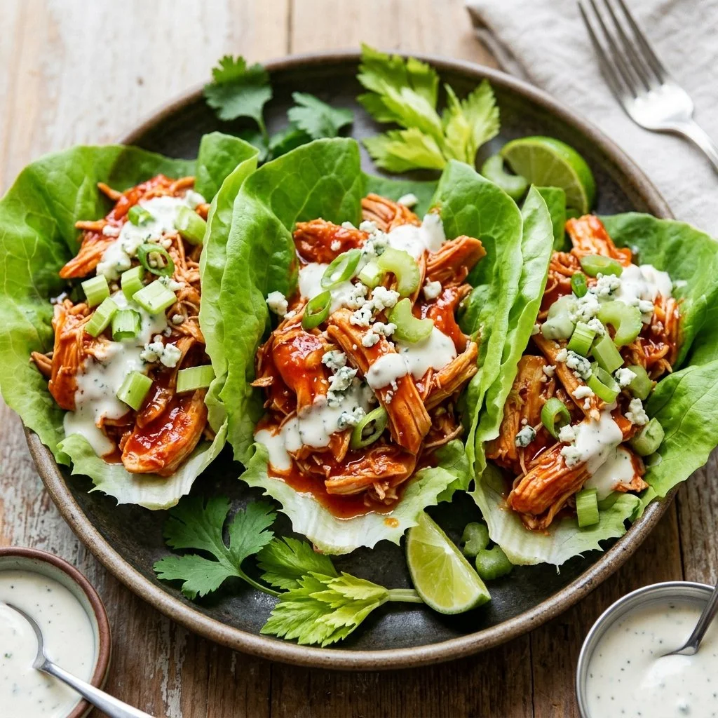 Buffalo chicken lettuce wraps served on a plate with fresh vegetables