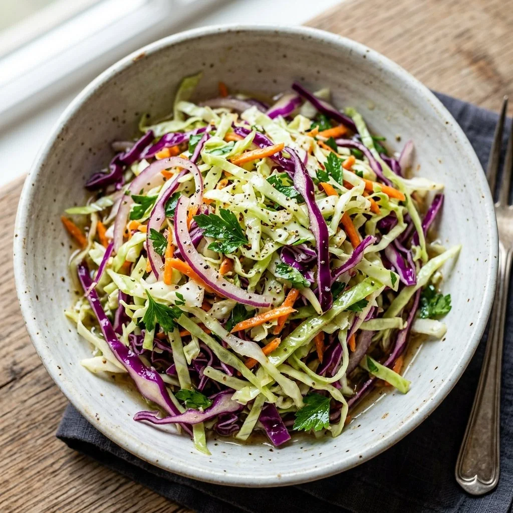 Cabbage slaw with vinegar served in a bowl for a refreshing side dish