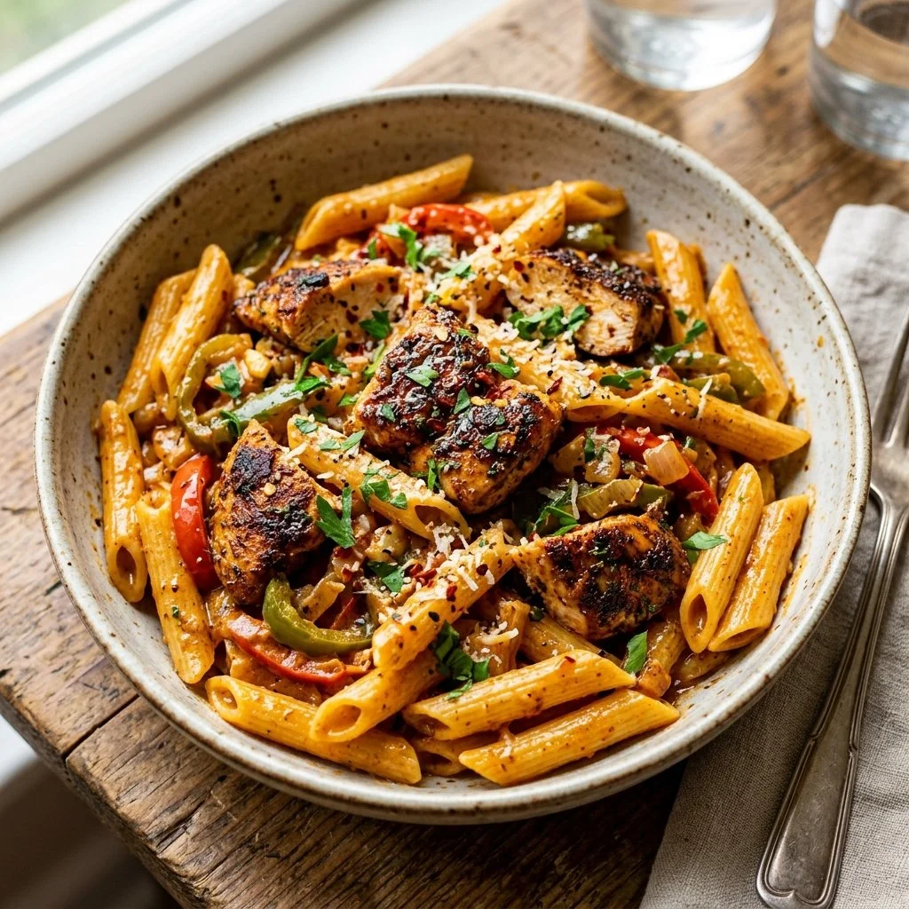 Delicious Cajun Chicken Pasta with creamy sauce, peppers, and spices