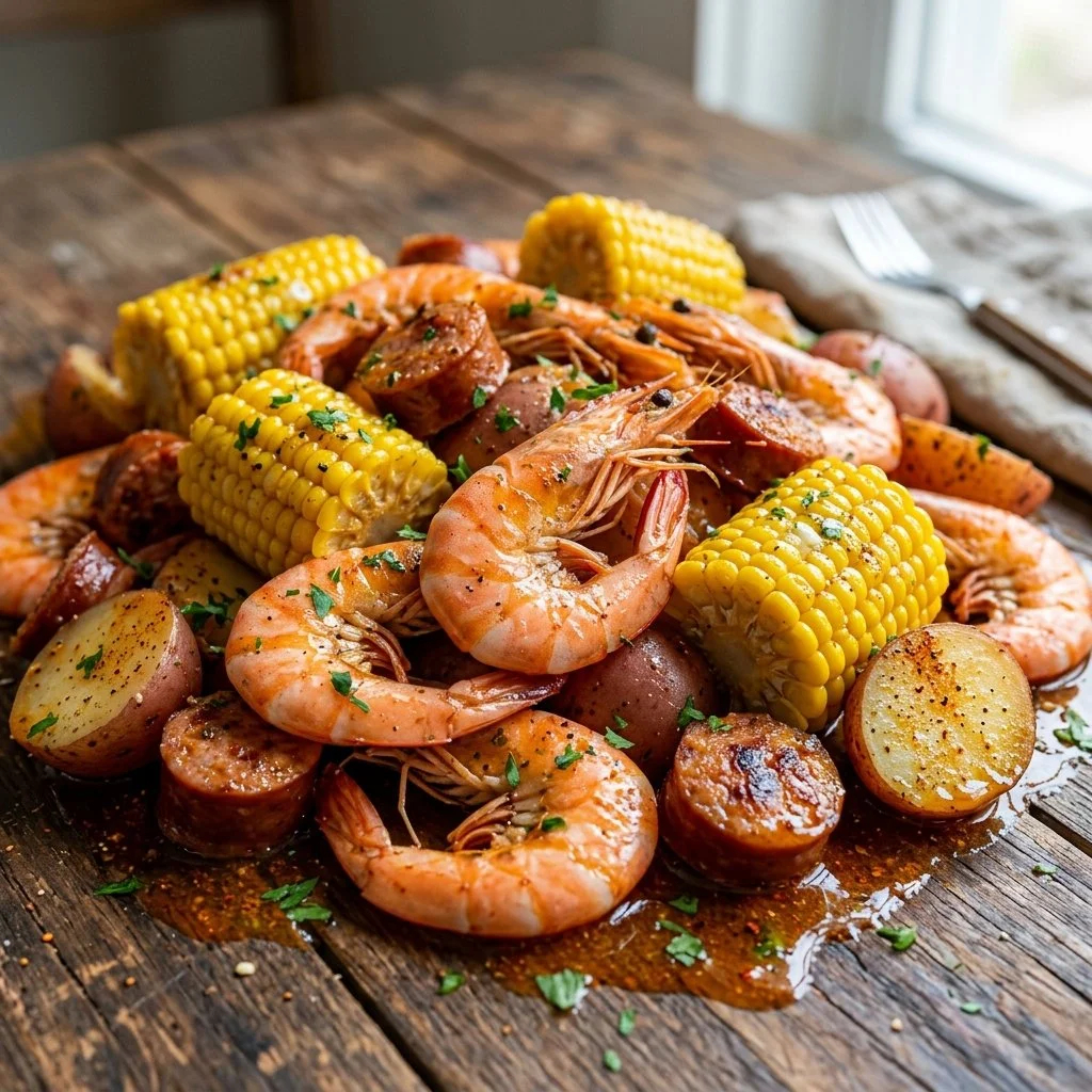 Cajun shrimp boil featuring seasoned shrimp, corn, and potatoes in a vibrant spread.
