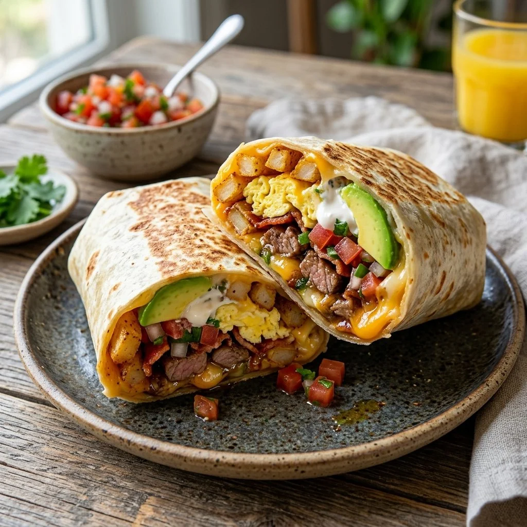 California breakfast burrito filled with eggs, avocado, and salsa