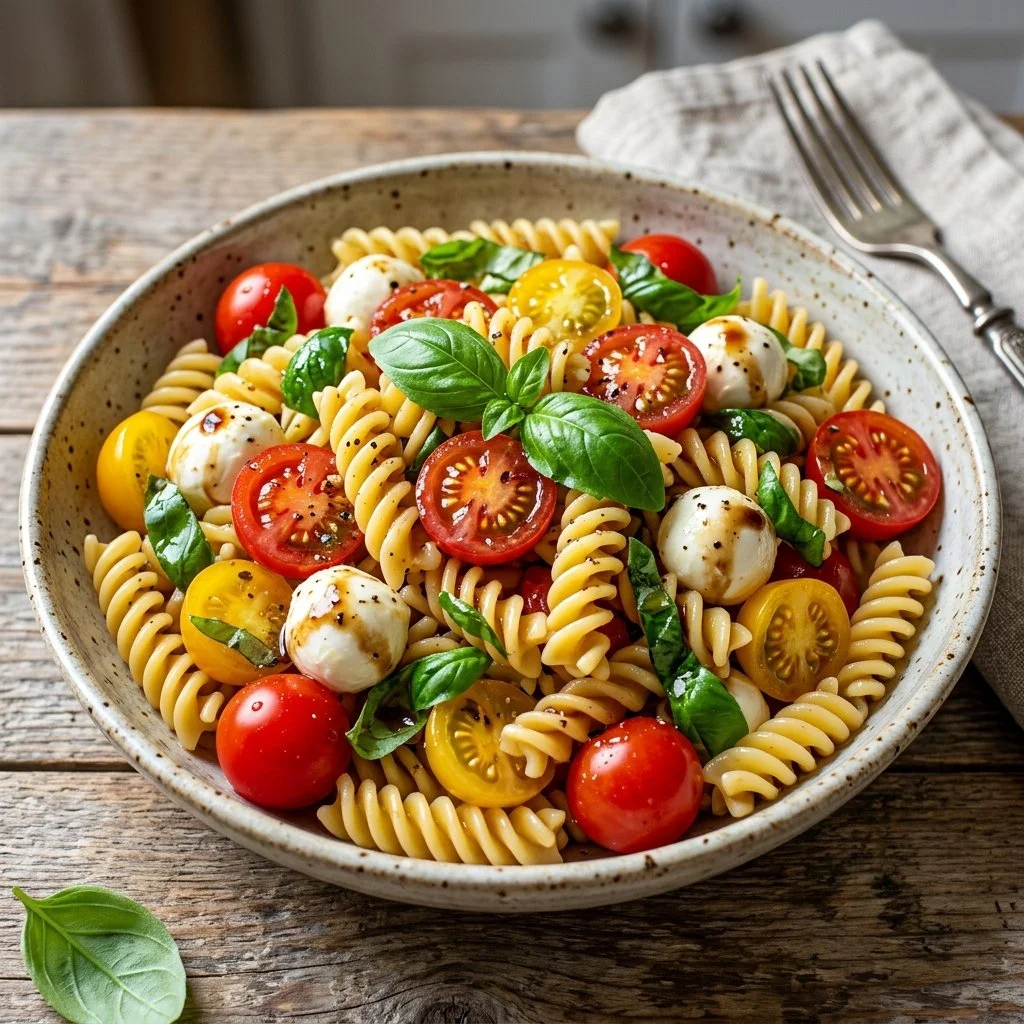 Colorful Caprese Pasta Salad with fresh mozzarella, tomatoes, and basil leaves.