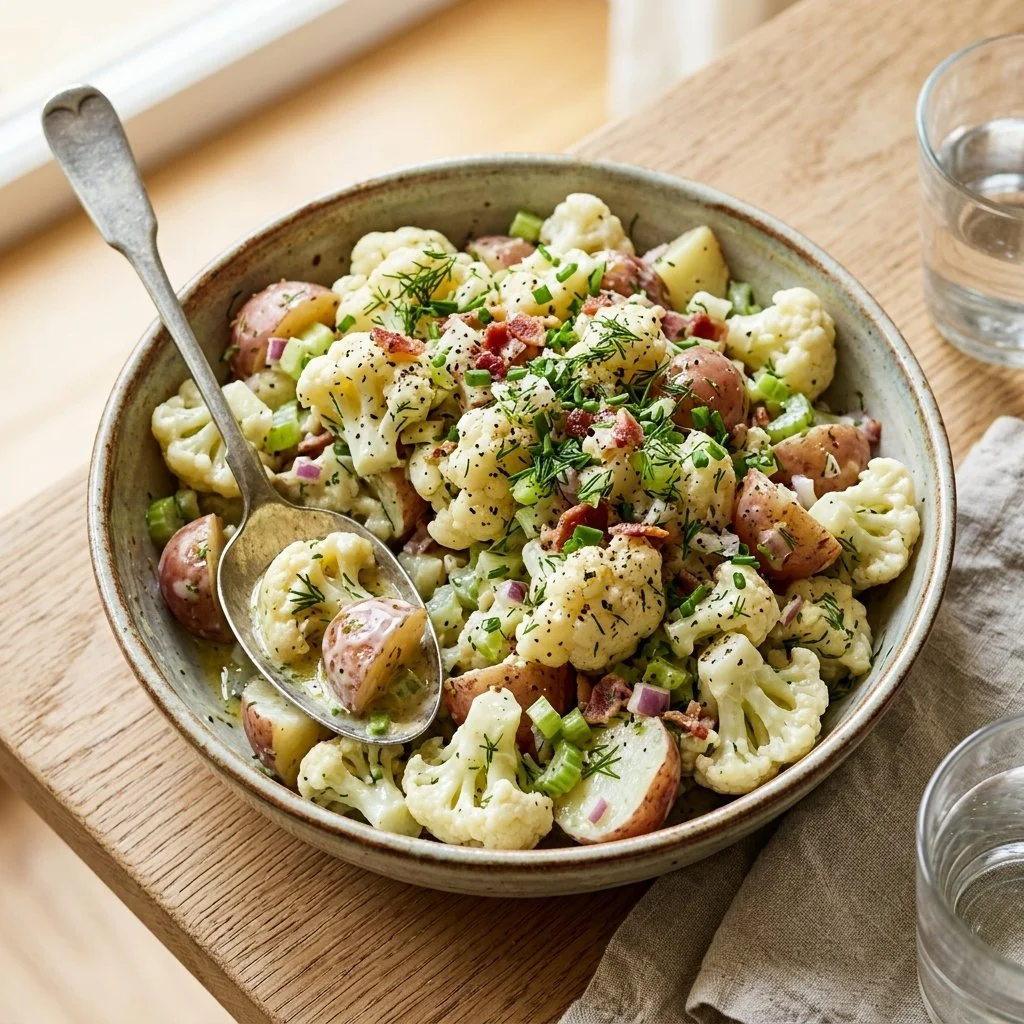 Servings of fresh and colorful Cauliflower Potato Salad in a bowl