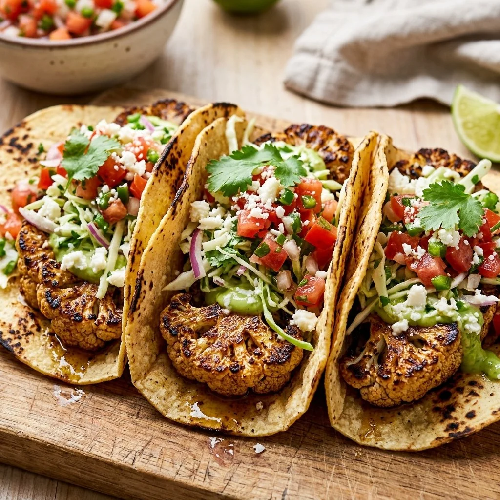 Delicious cauliflower steak tacos served with fresh toppings and vibrant colors.