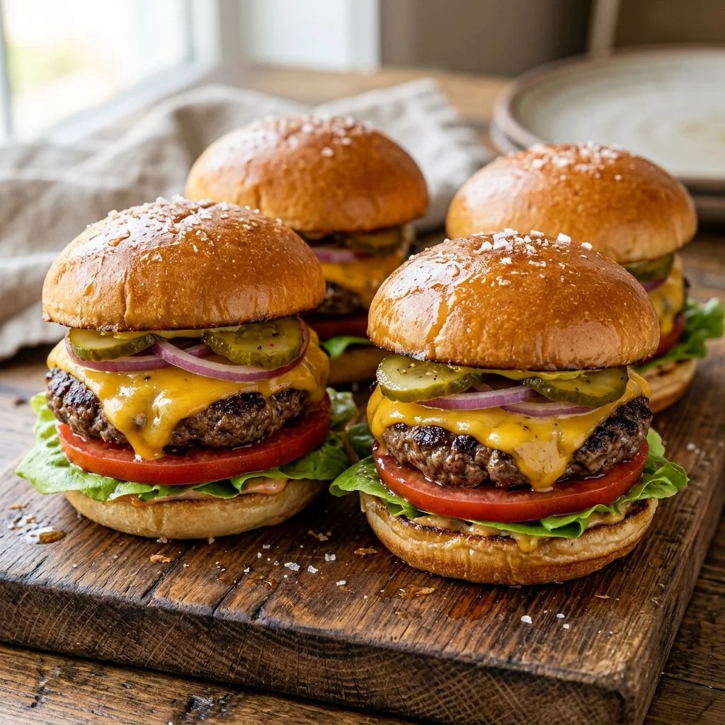 Plate of cheesy and juicy cheeseburger sliders served with condiments