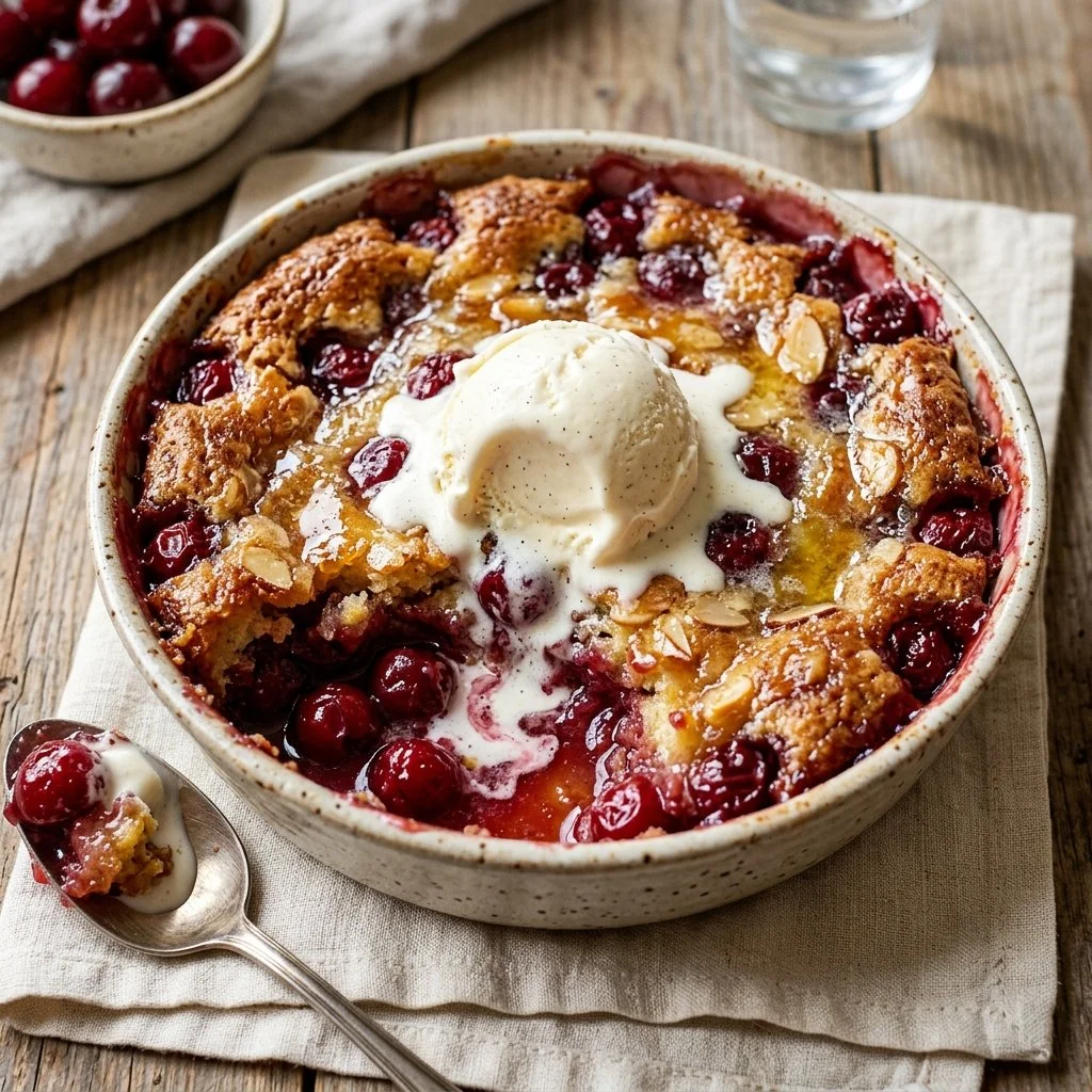 Delicious Cherry Dump Cake topped with cherries and cake mix