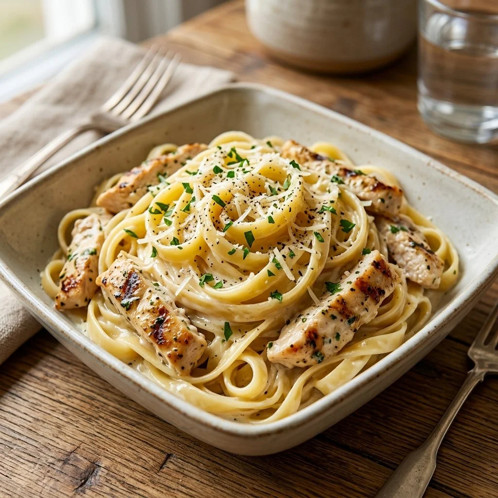 Delicious Chicken Alfredo with fettuccine pasta and grilled chicken pieces