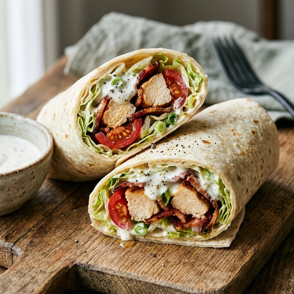 Chicken bacon ranch wraps filled with grilled chicken, crispy bacon, and fresh vegetables.
