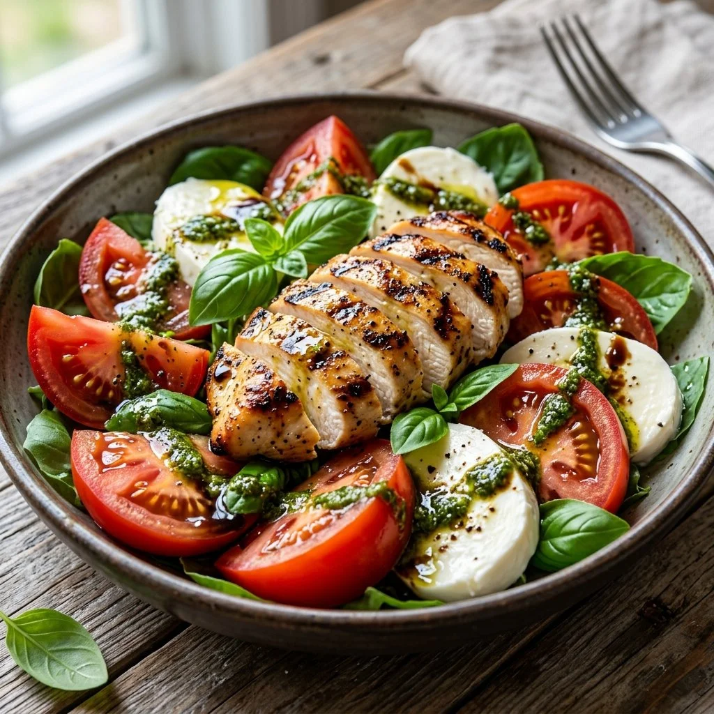 Delicious Chicken Caprese Salad with grilled chicken, fresh mozzarella, and tomatoes.