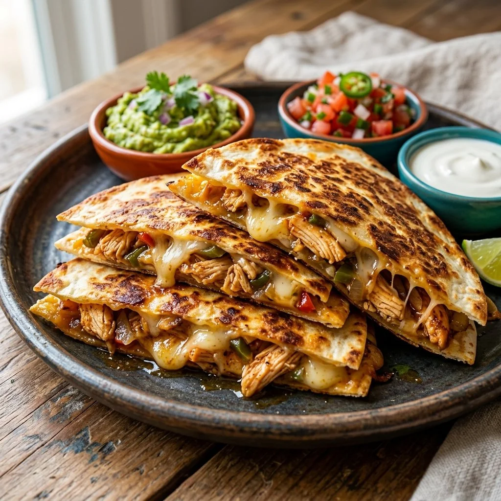 Delicious homemade Chicken Quesadillas with cheese and vegetables