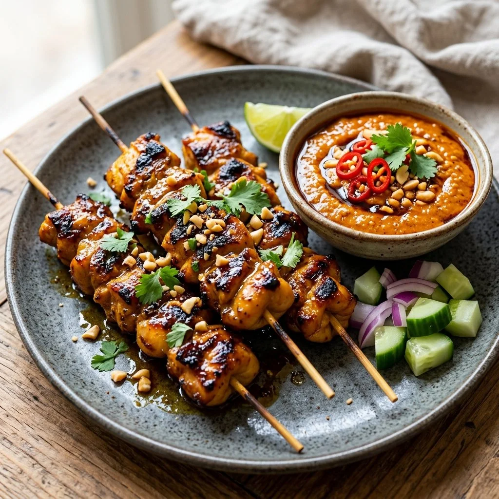 Grilled chicken satay skewers on a platter with dipping sauce