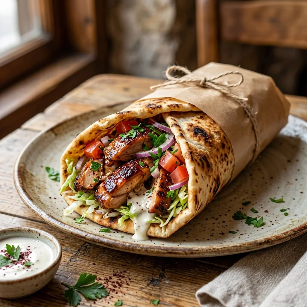 Delicious Chicken Shawarma served with fresh vegetables and sauces