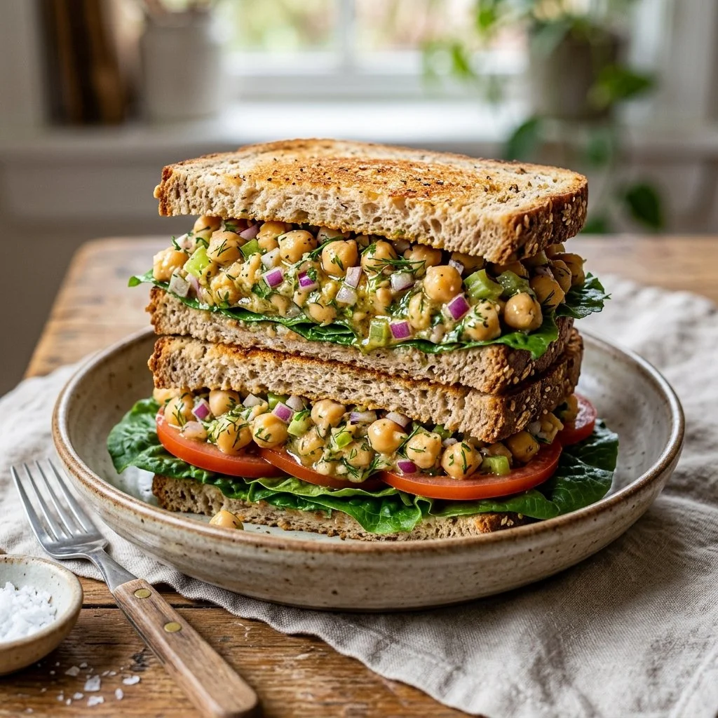 Chickpea salad sandwich on whole grain bread with fresh vegetables