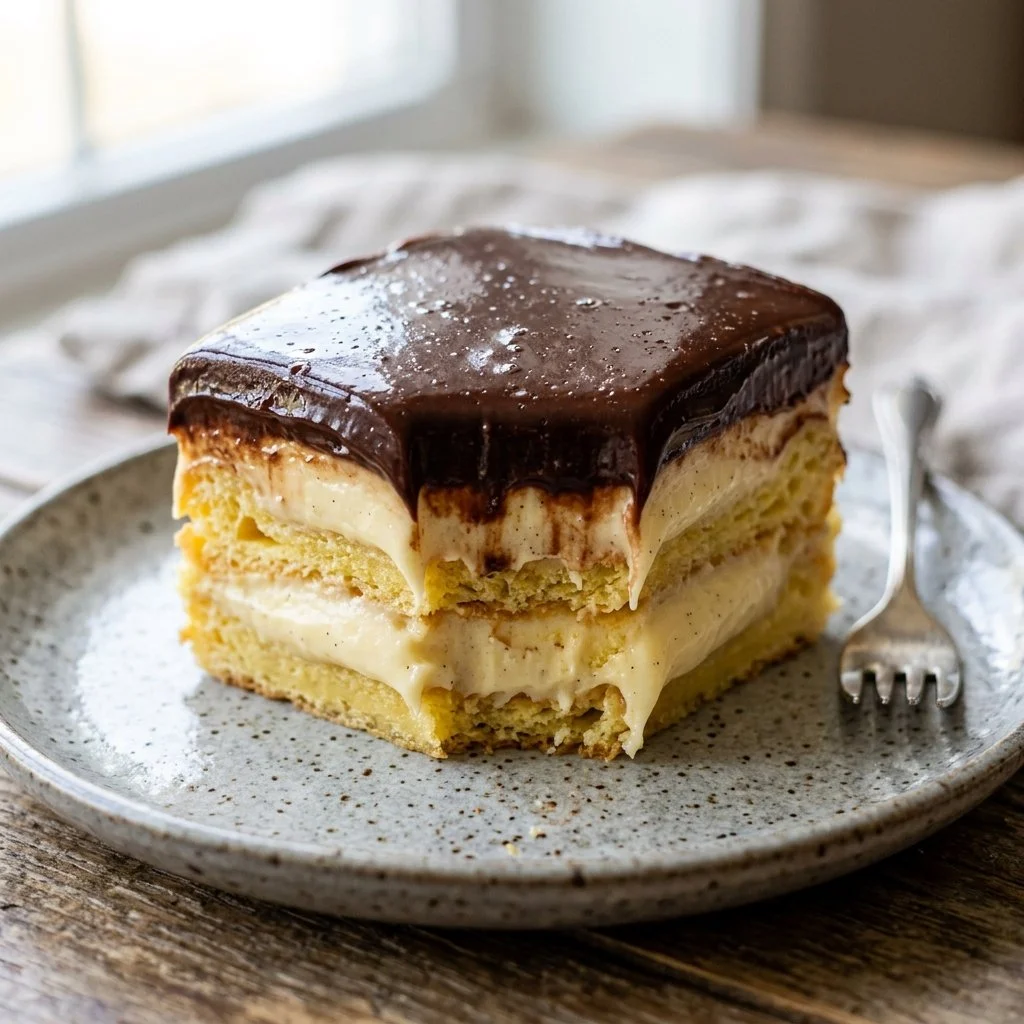 Delicious Chocolate Eclair Cake layered with chocolate and cream