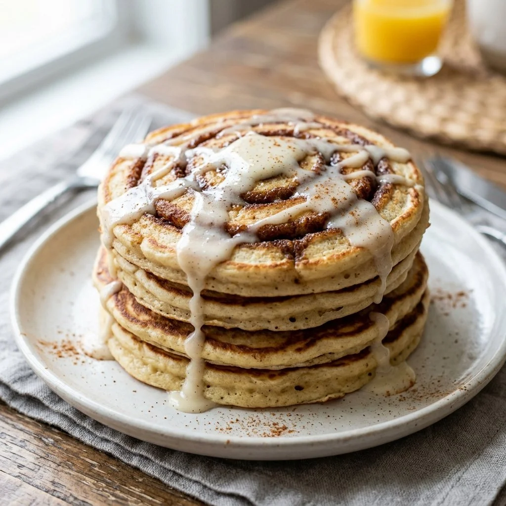 Delicious cinnamon roll pancakes topped with cream cheese glaze.