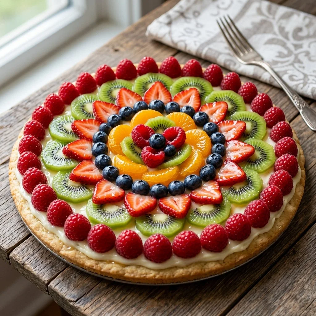 Delicious classic fruit pizza with a colorful assortment of fresh fruits on top