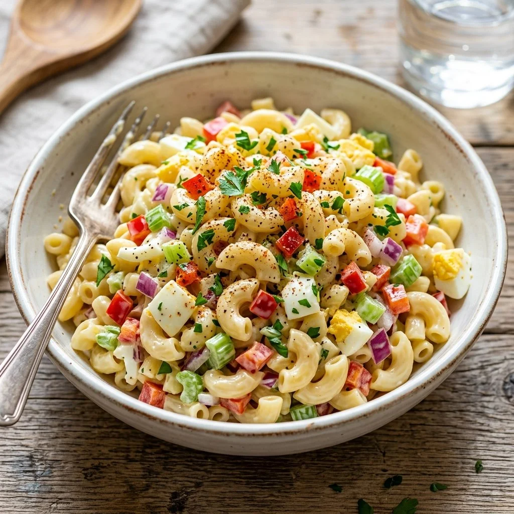 Bowl of classic macaroni salad with colorful vegetables and dressing