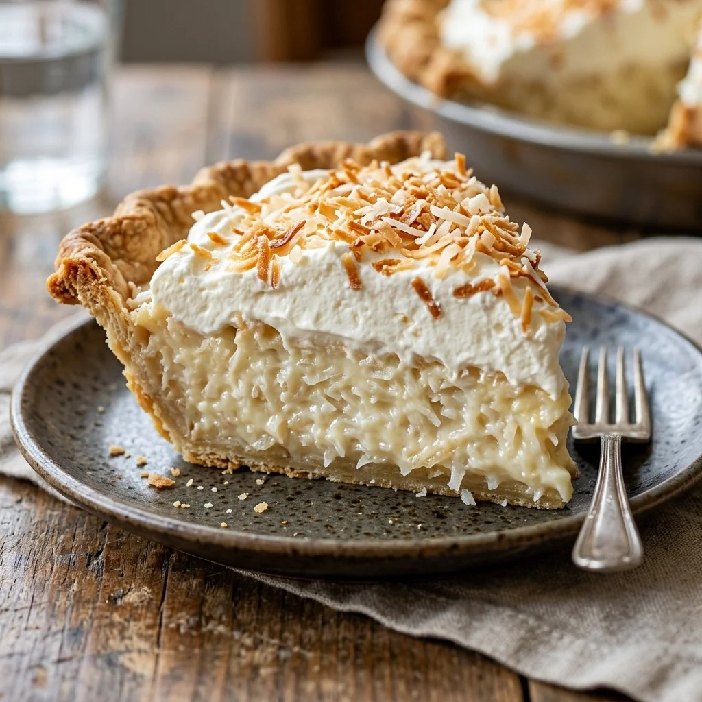 Delicious Coconut Cream Pie topped with whipped cream and toasted coconut flakes